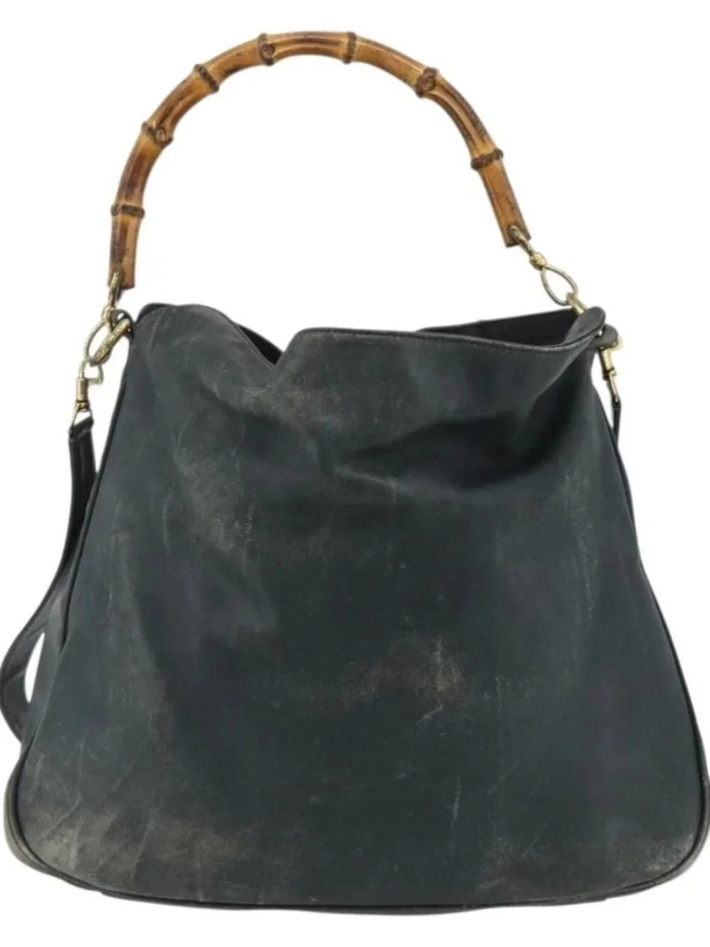 GUCCI Bamboo Shoulder Bag Leather 2way Black Gold Auth